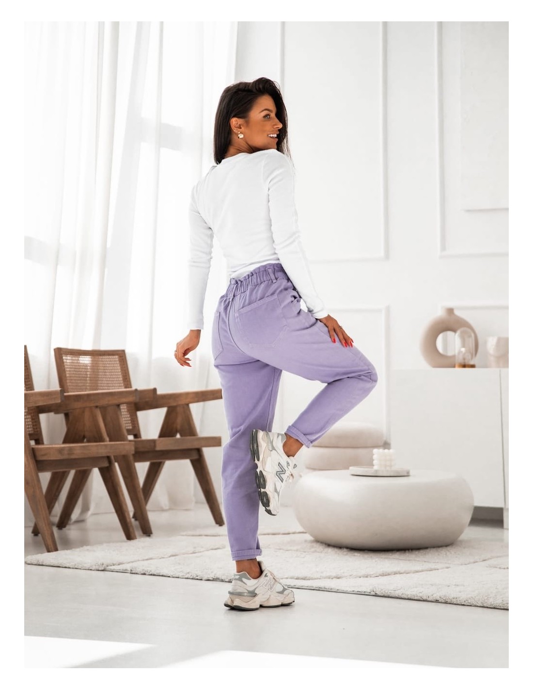 Pantaloni din denim cu talie elastica, liliac 202001 - Magazin online - Boutique